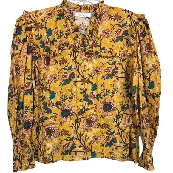 Bindu Tops - Bindu Corinne 100% Cotton‎ Long Sleeve Floral Top Yellow Ruffle Trim Size XL
